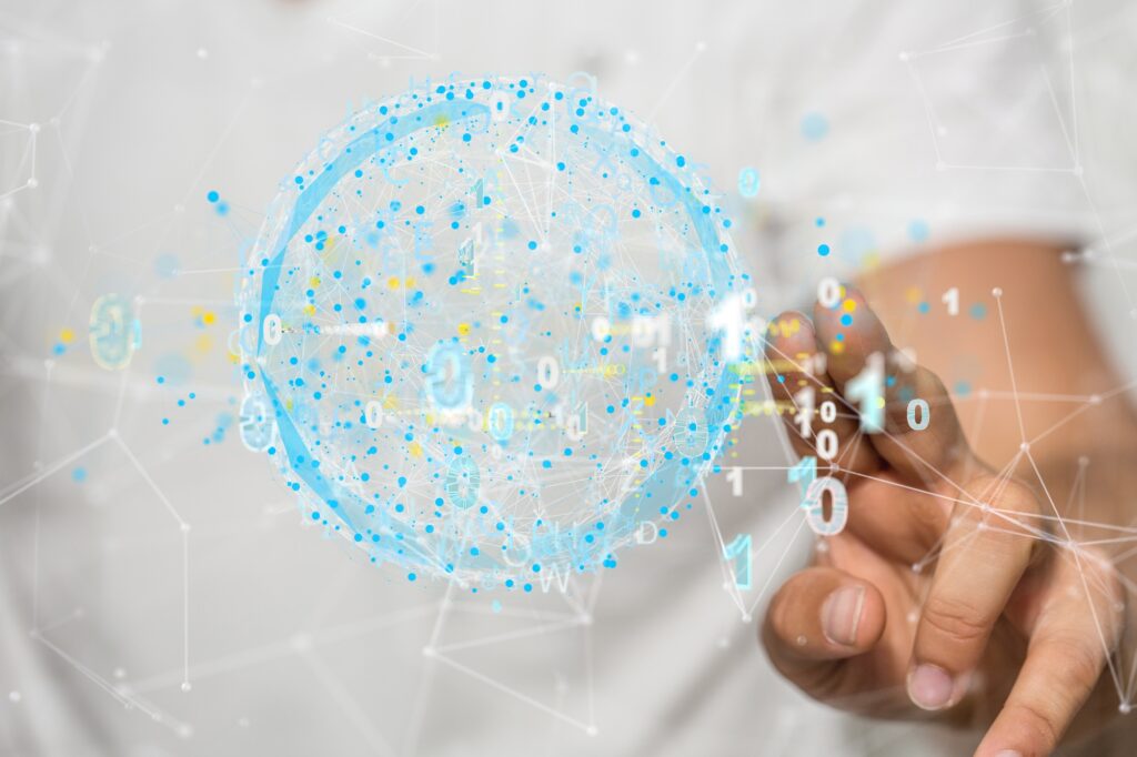 Person presenting a 3D render of cloud computing elements